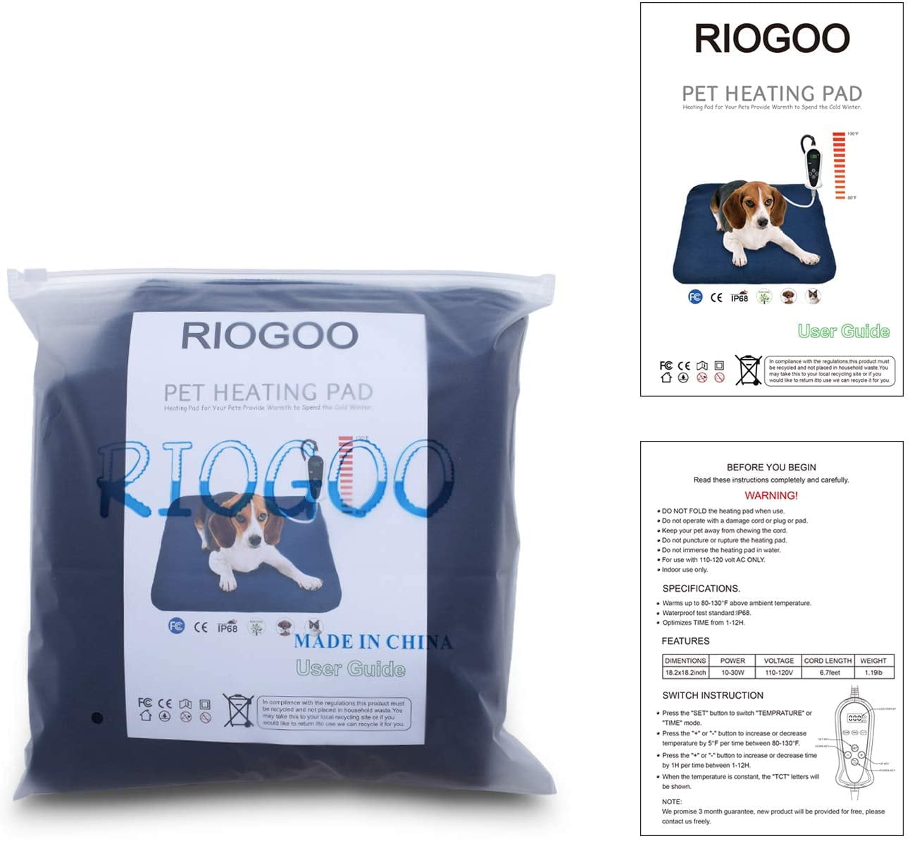 RIOGOO Pet Heating Pad, Electric Heating Pad for Dogs and Cats Indoor with Auto Power Off (M:18" x 18")