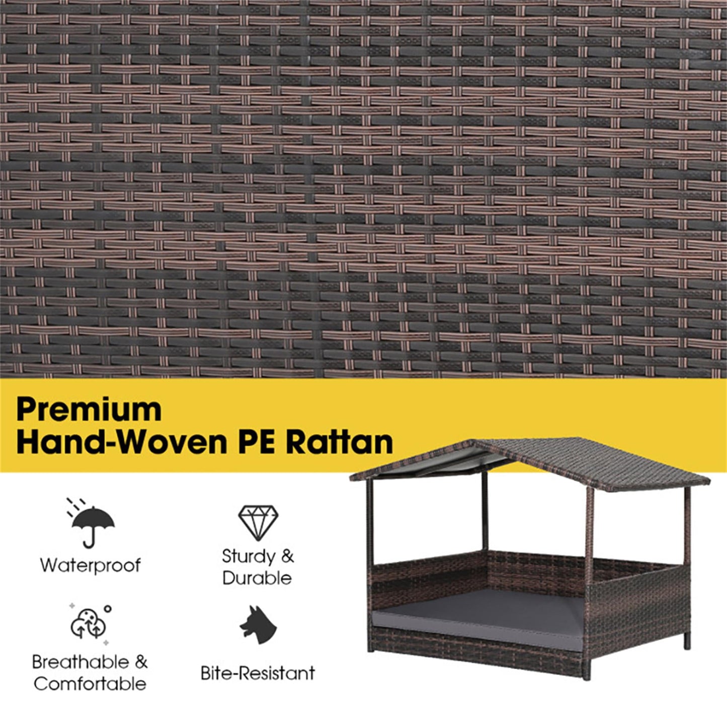 Pefilos 38" Pet Bed for Cat and Dog with Cushion Cover, Outdoor Weatherproof Roof PE Wicker Dog House Furniture, Dog Bed with Canopy, Brown