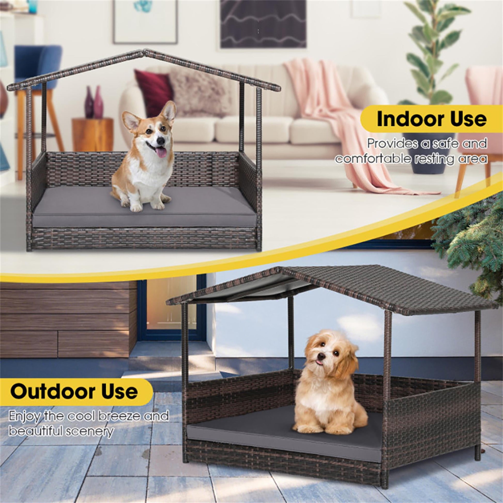 Pefilos 38" Pet Bed for Cat and Dog with Cushion Cover, Outdoor Weatherproof Roof PE Wicker Dog House Furniture, Dog Bed with Canopy, Brown
