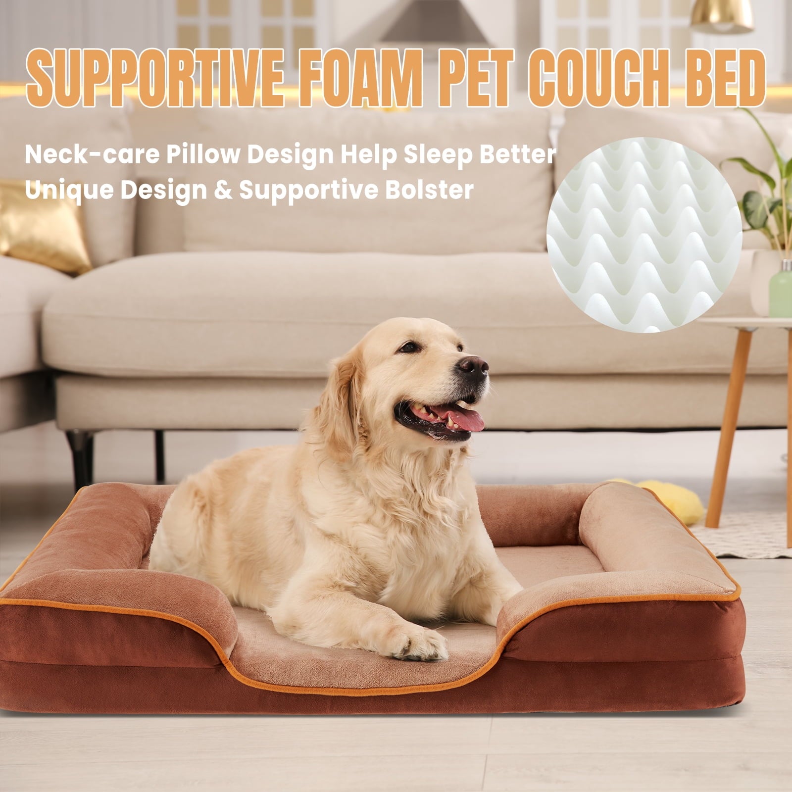 GIANNA 28"x23" Supportive Memory Foam Orthopedic Dog Bed, With Washable Removable Cover, Non-Slip Base, Waterproof, Brown