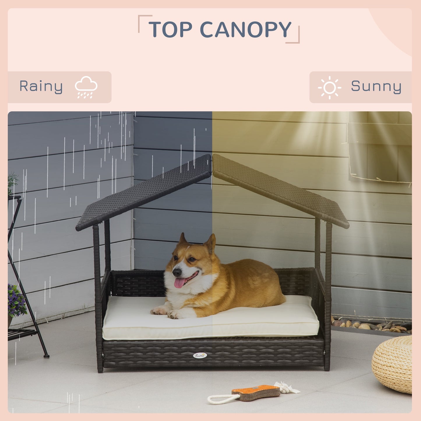 Elevated Wicker Dog House, Raised Rattan Pet Bed Cabana w/ Cushion