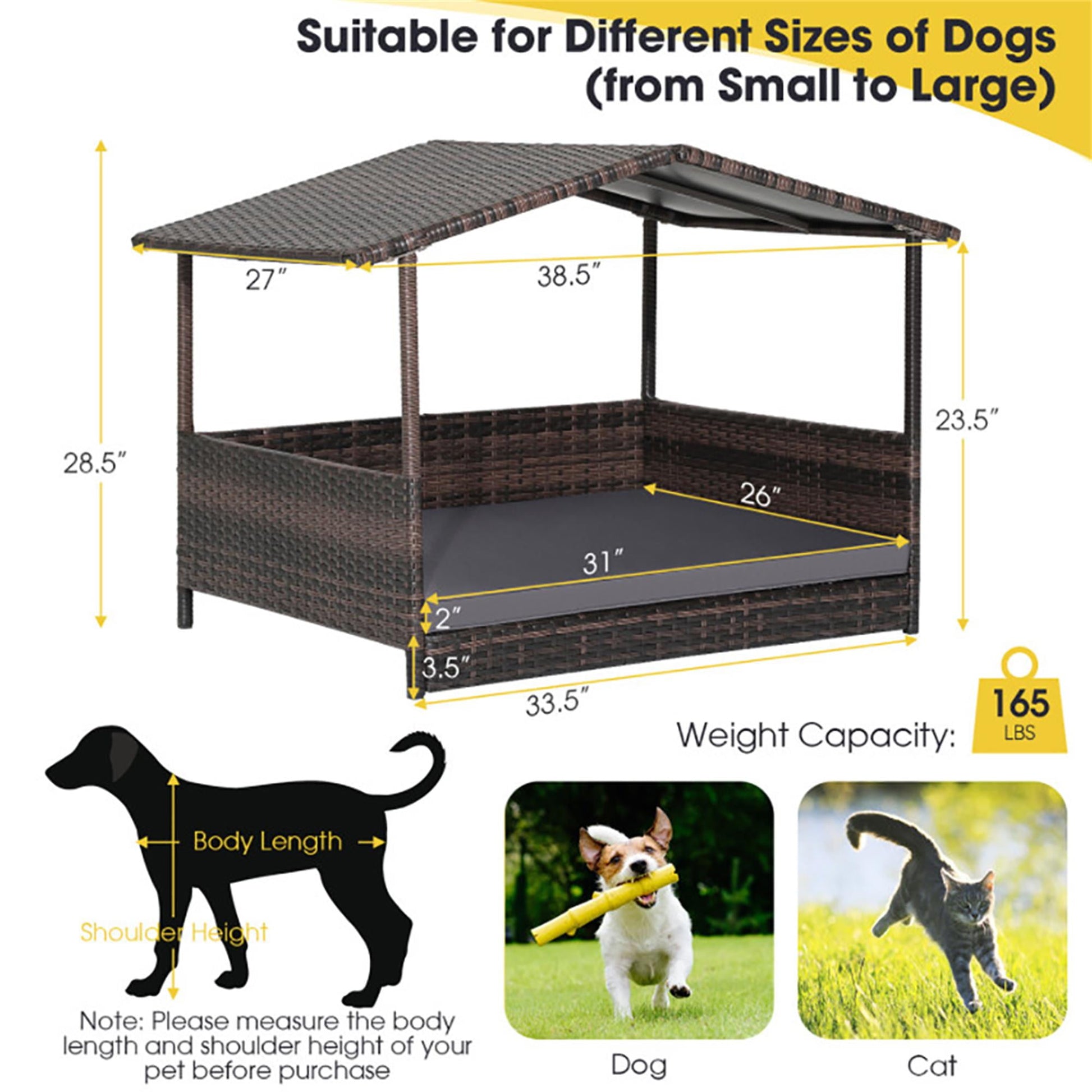 Pefilos 38" Pet Bed for Cat and Dog with Cushion Cover, Outdoor Weatherproof Roof PE Wicker Dog House Furniture, Dog Bed with Canopy, Brown