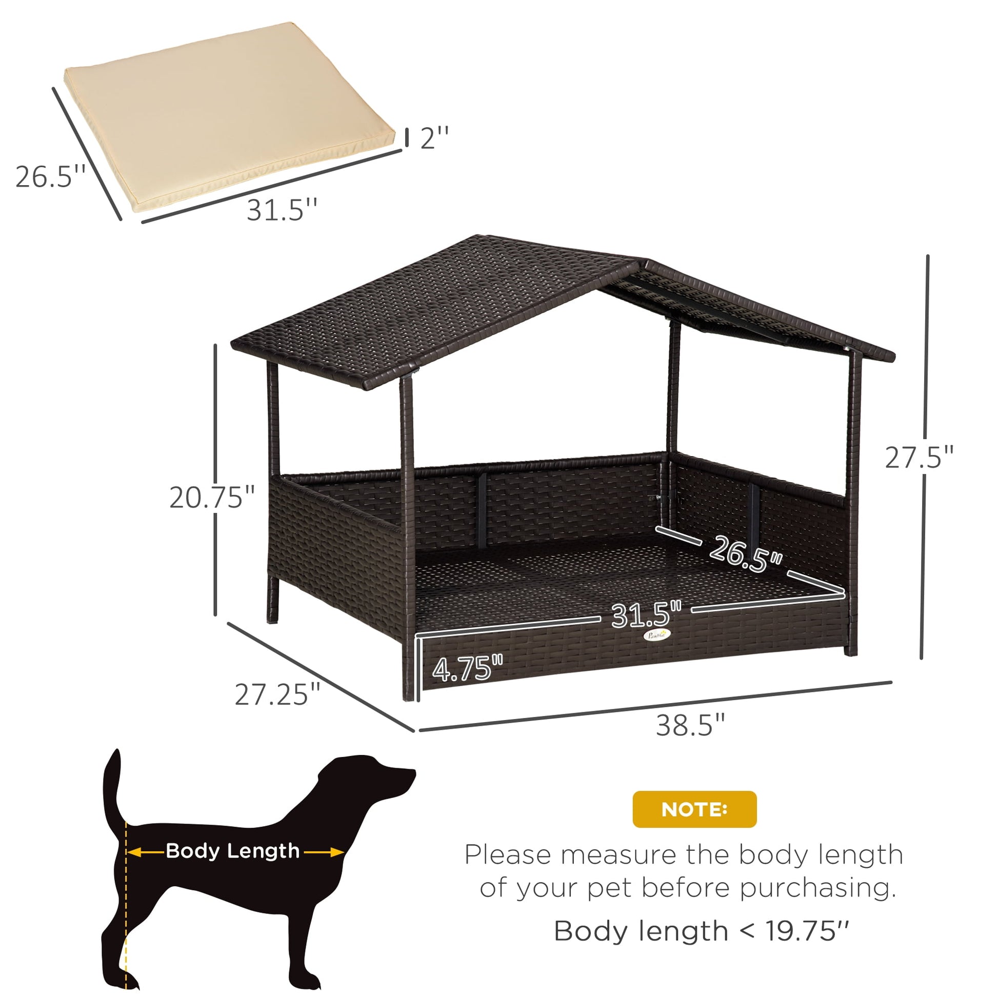 Elevated Wicker Dog House, Raised Rattan Pet Bed Cabana w/ Cushion