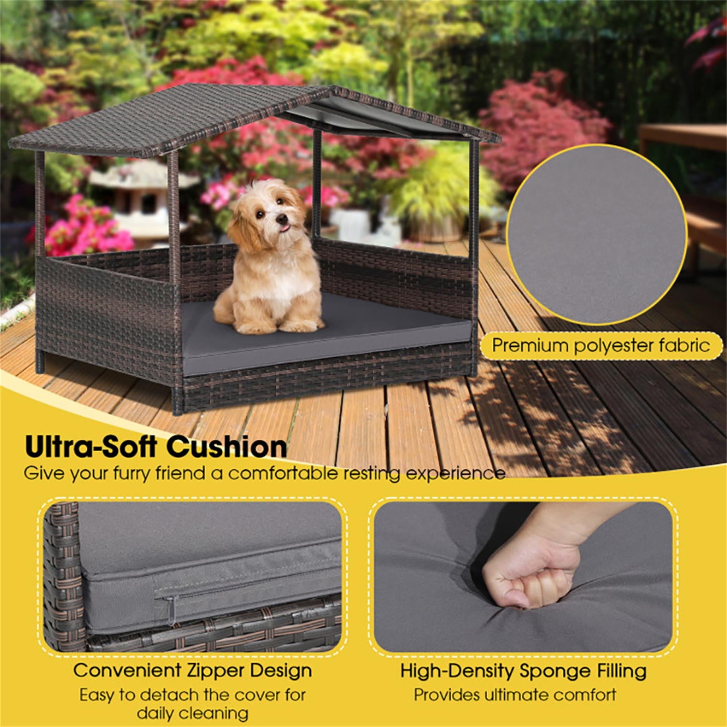 Pefilos 38" Pet Bed for Cat and Dog with Cushion Cover, Outdoor Weatherproof Roof PE Wicker Dog House Furniture, Dog Bed with Canopy, Brown