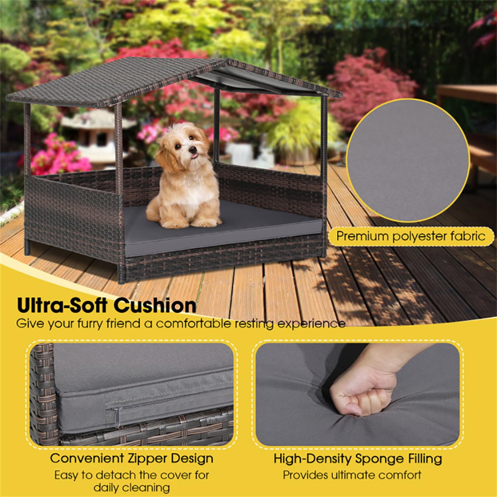 Pefilos 38" Pet Bed for Cat and Dog with Cushion Cover, Outdoor Weatherproof Roof PE Wicker Dog House Furniture, Dog Bed with Canopy, Brown