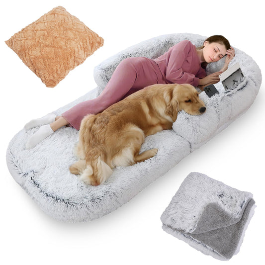 71x45x10in Human Size Dog Bed with Pillow  Foldable Removable Flurry Plush Large Napping Bed for Kids Adults Pets Grey