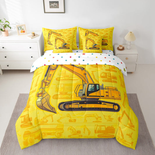 7 Piece Excavator Twin Size Bed in a Bag Cartoon Car Bedding Sets Construction Machinery Truck Comforter Set with Sheets Equipment Tractor Bed Set Ngineering Vehicle Print Sheets