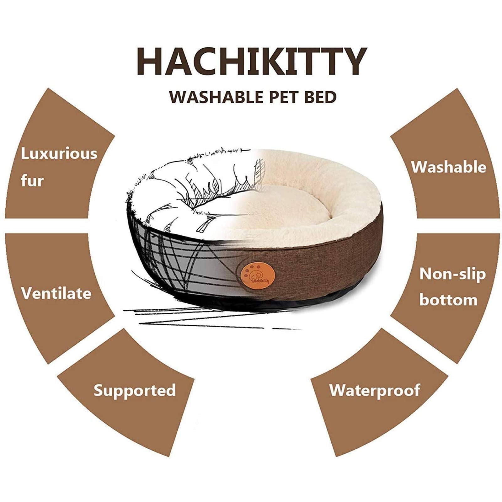 HACHIKITTY Washable Donut Cat Bed Round, Cat Beds Indoor Cats Medium, Small Cat Bed Machine Washable, Brown, 24"X24"