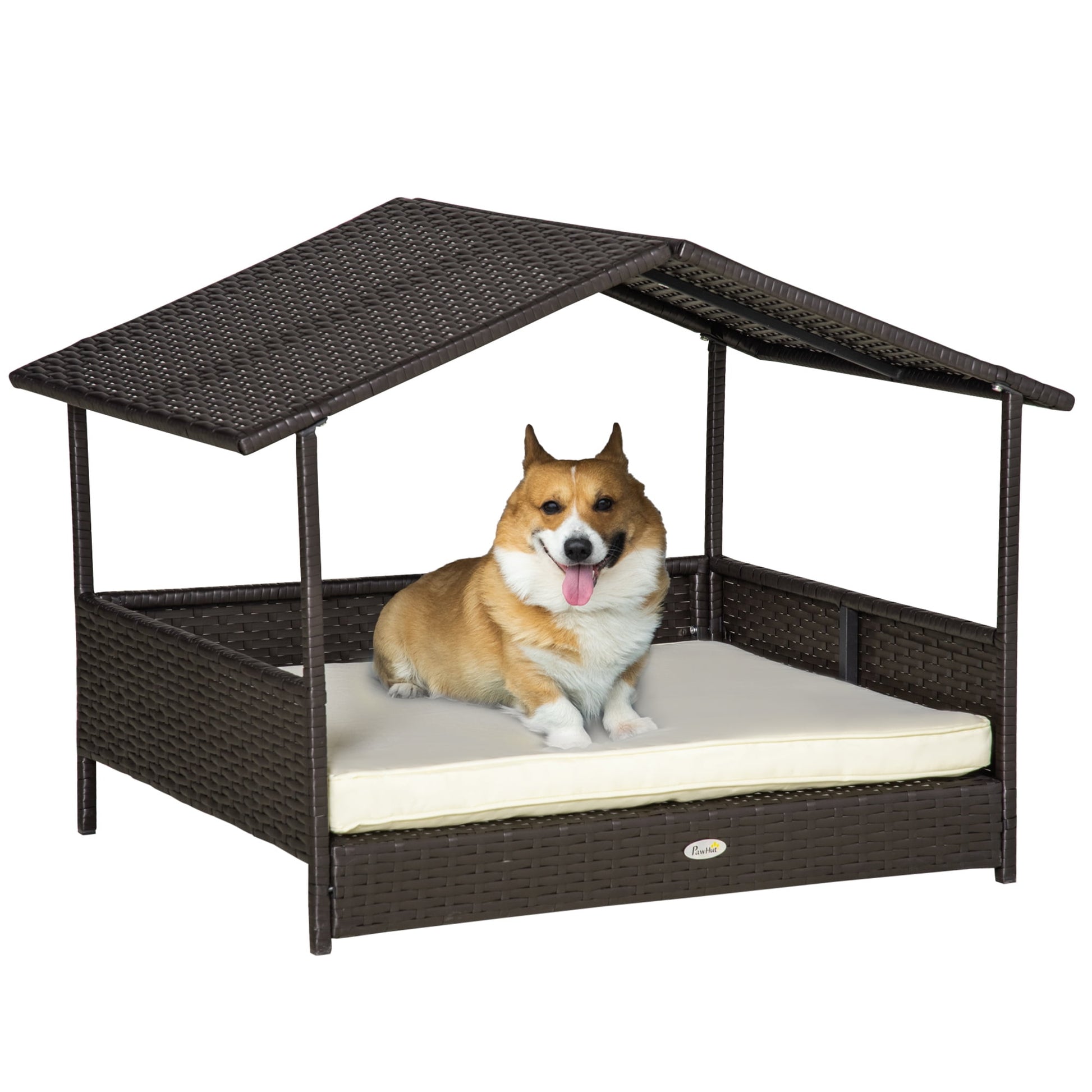 Elevated Wicker Dog House, Raised Rattan Pet Bed Cabana w/ Cushion