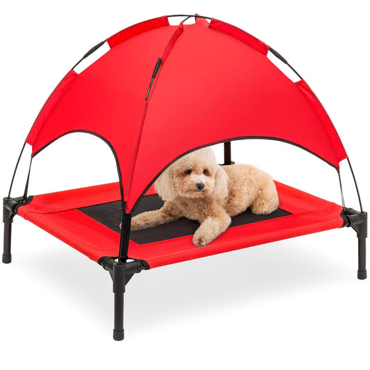 Best Choice Products 30in Elevated Cooling Dog Bed, Outdoor Raised Mesh Pet Cot w/ Removable Canopy, Carrying Bag - Red