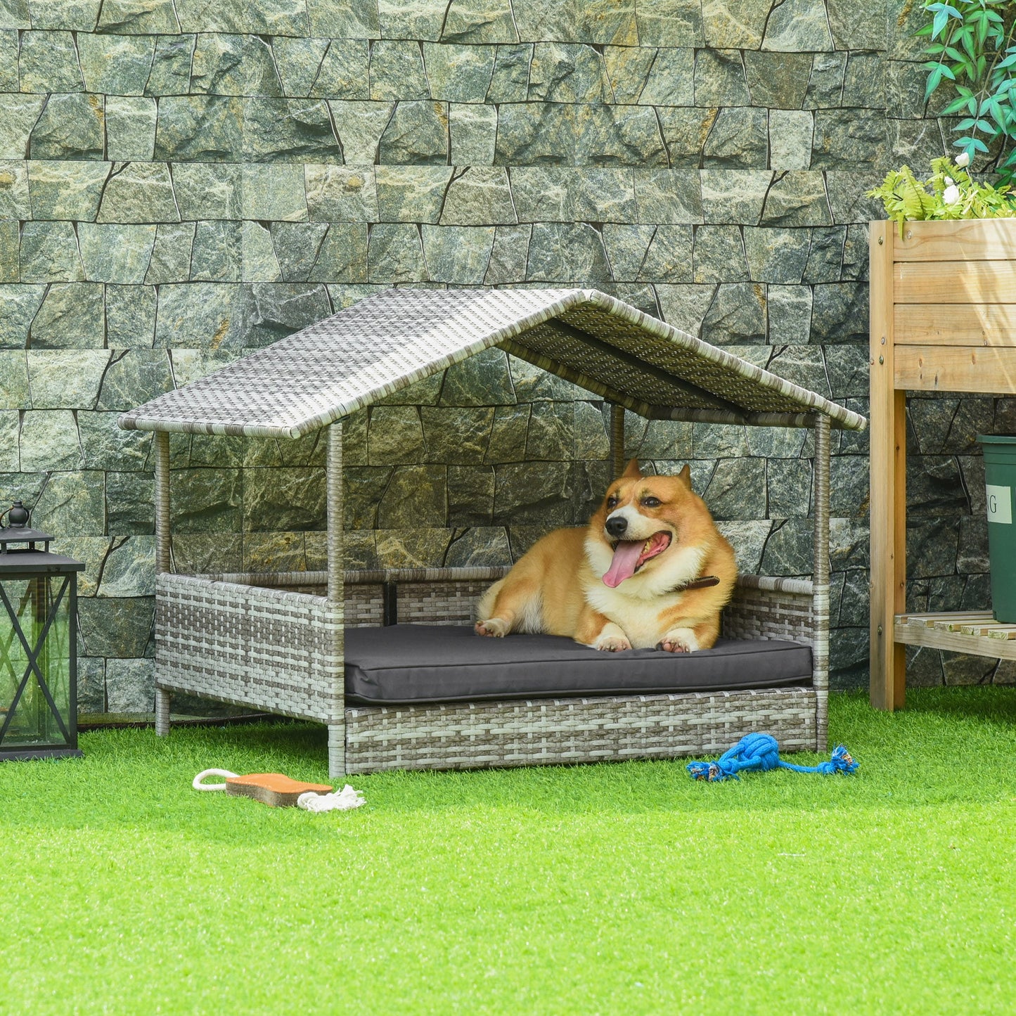 Elevated Wicker Dog House, Raised Rattan Pet Bed Cabana w/ Cushion