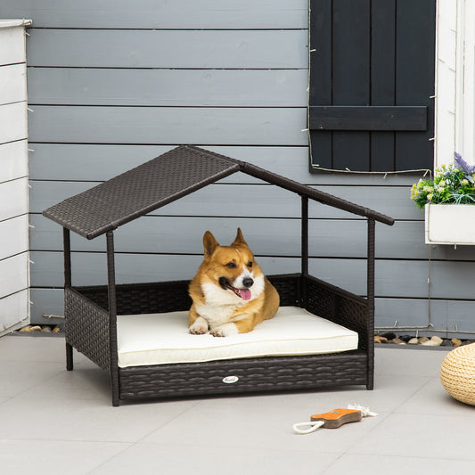 Elevated Wicker Dog House, Raised Rattan Pet Bed Cabana w/ Cushion