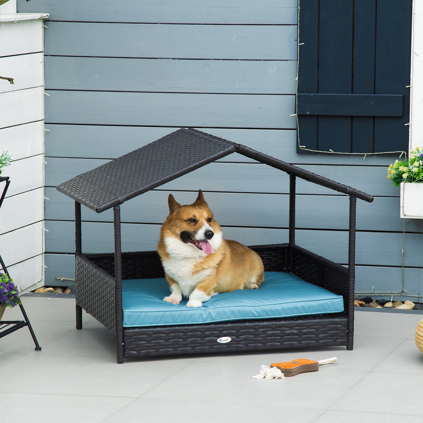 Elevated Wicker Dog House, Raised Rattan Pet Bed Cabana w/ Cushion