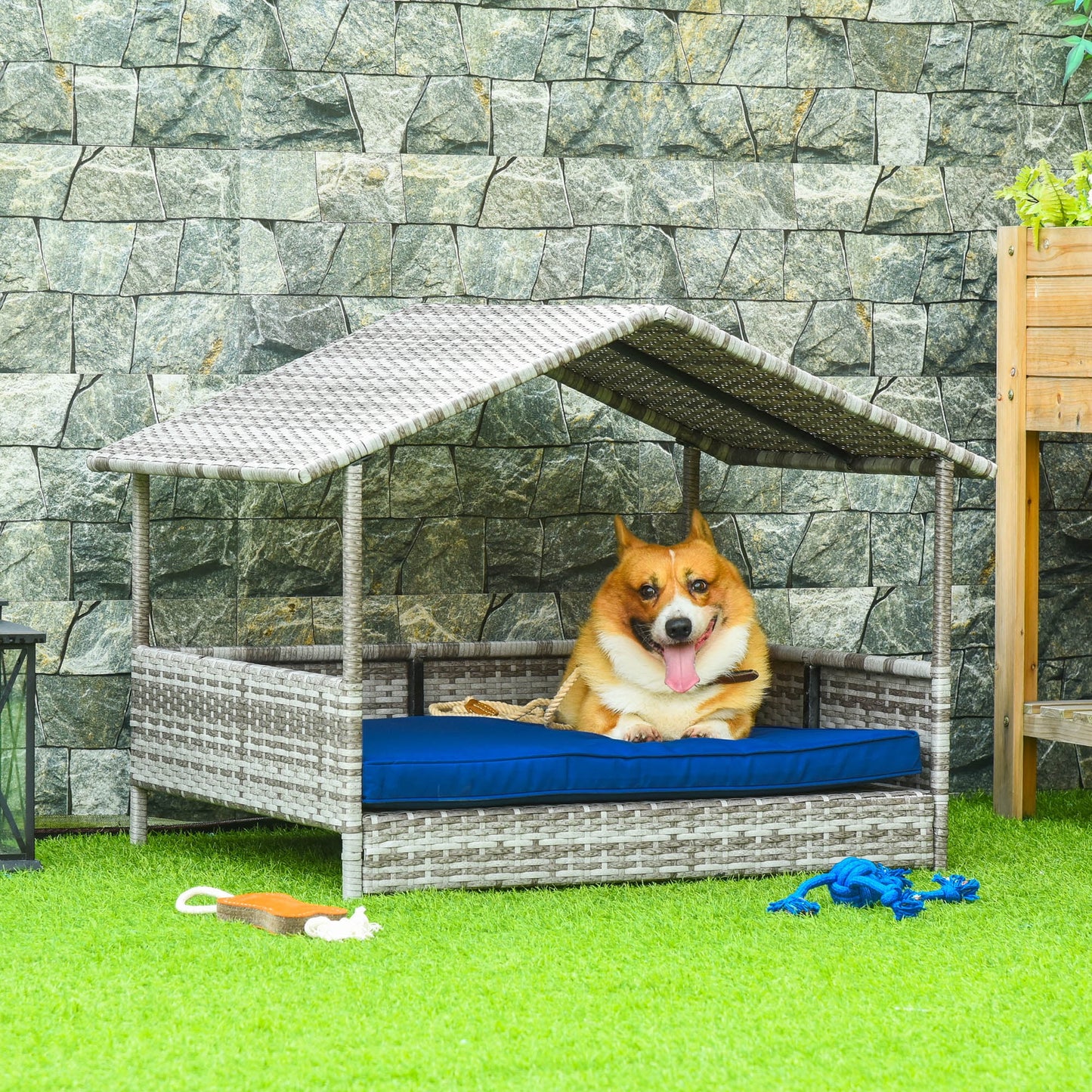 Elevated Wicker Dog House, Raised Rattan Pet Bed Cabana w/ Cushion
