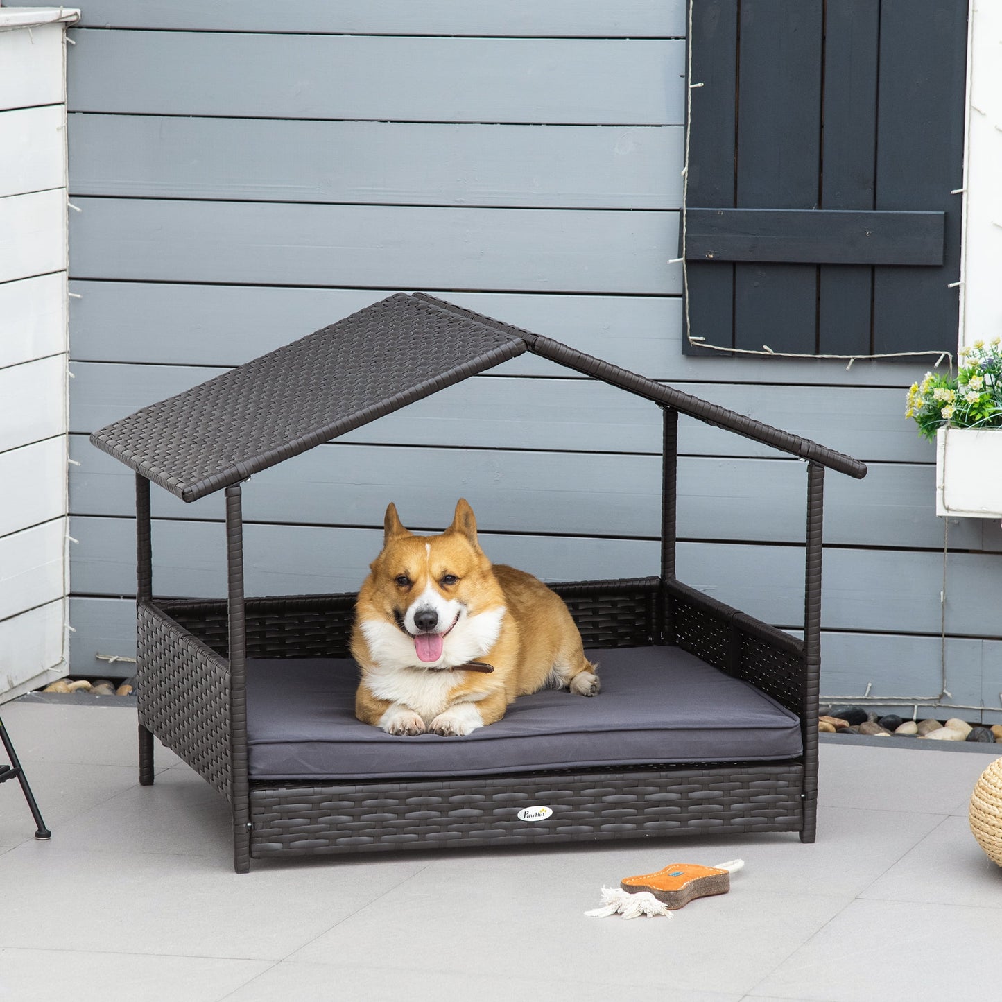 Elevated Wicker Dog House, Raised Rattan Pet Bed Cabana w/ Cushion