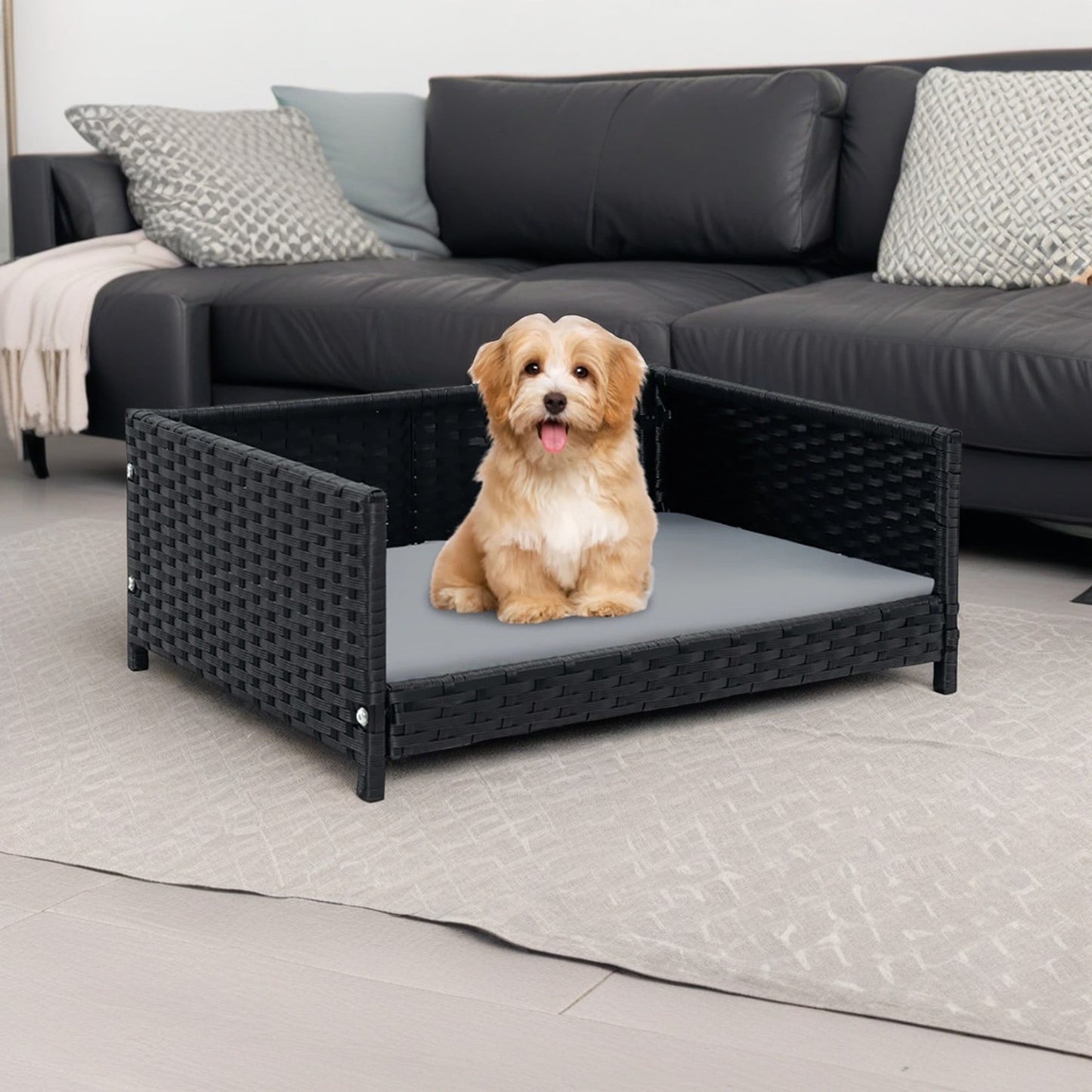 Pefilos 38" Pet Bed for Cat and Dog with Cushion Cover, Outdoor Weatherproof Roof PE Wicker Dog House Furniture, Dog Bed with Canopy, Brown