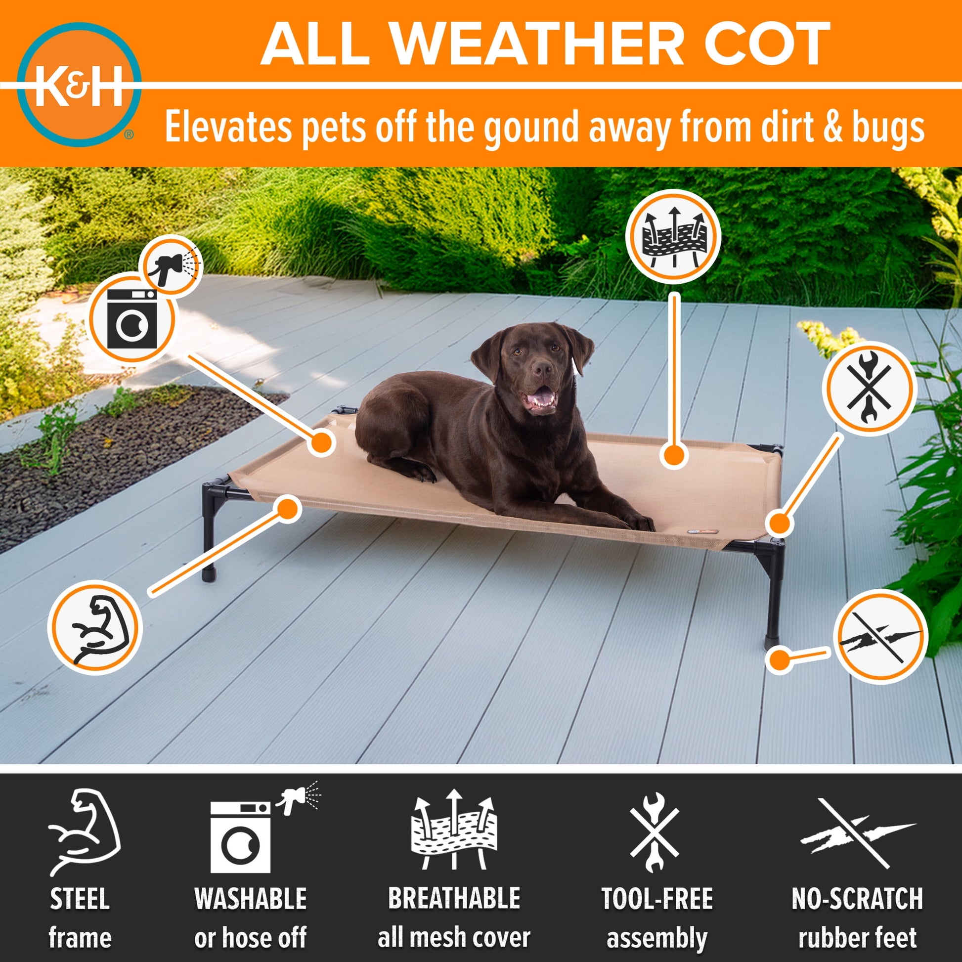 K&H Pet Products All Weather Pet Cot Tan Large 42 X 30 X 7 Inches