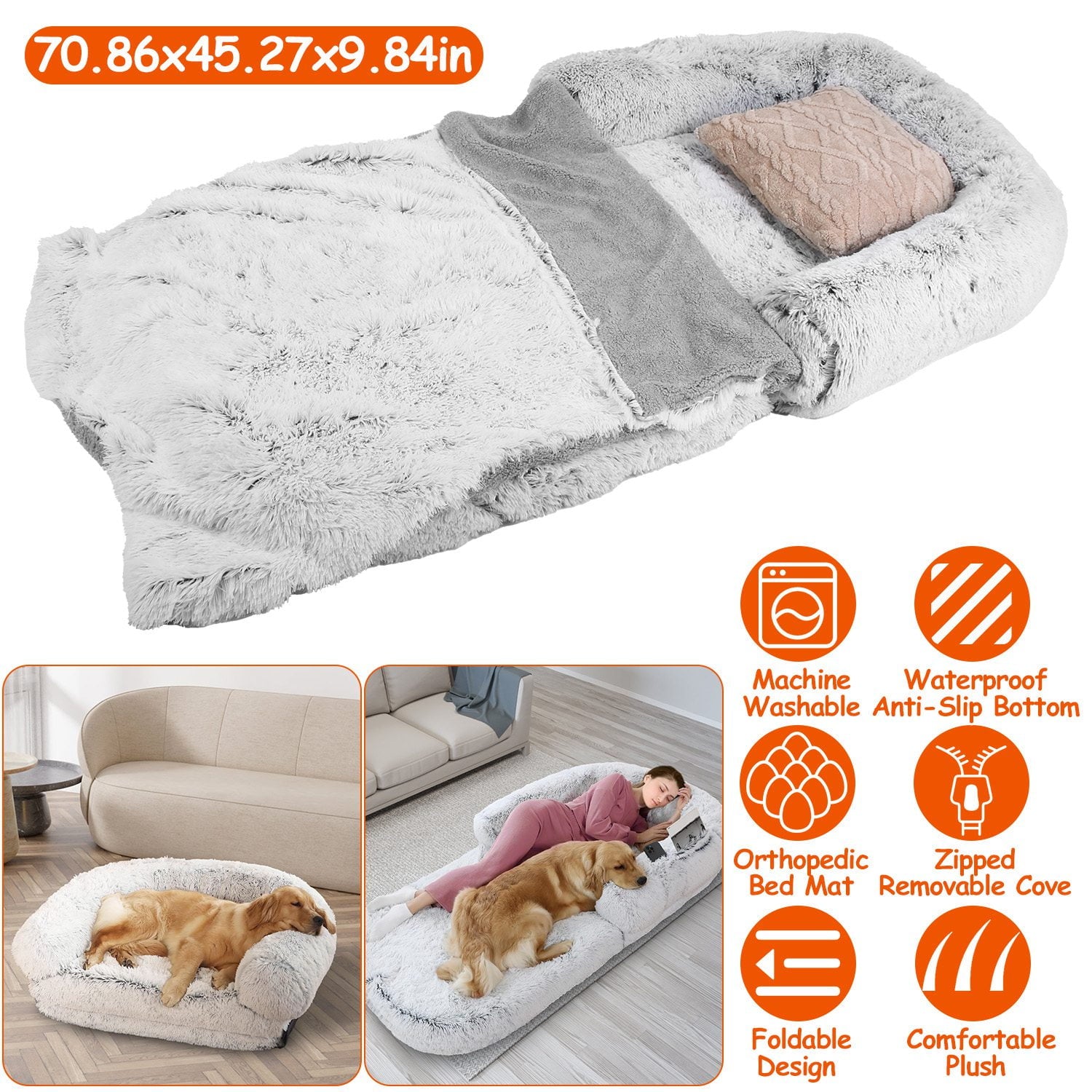 71x45x10in Human Size Dog Bed with Pillow  Foldable Removable Flurry Plush Large Napping Bed for Kids Adults Pets Grey