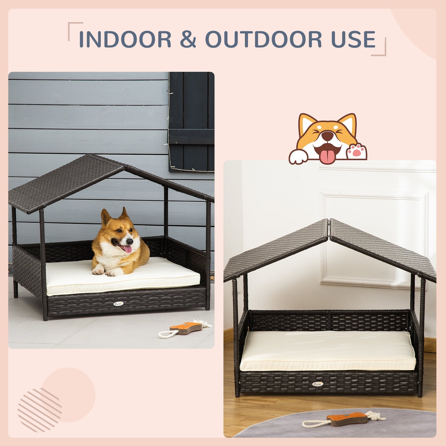 Elevated Wicker Dog House, Raised Rattan Pet Bed Cabana w/ Cushion