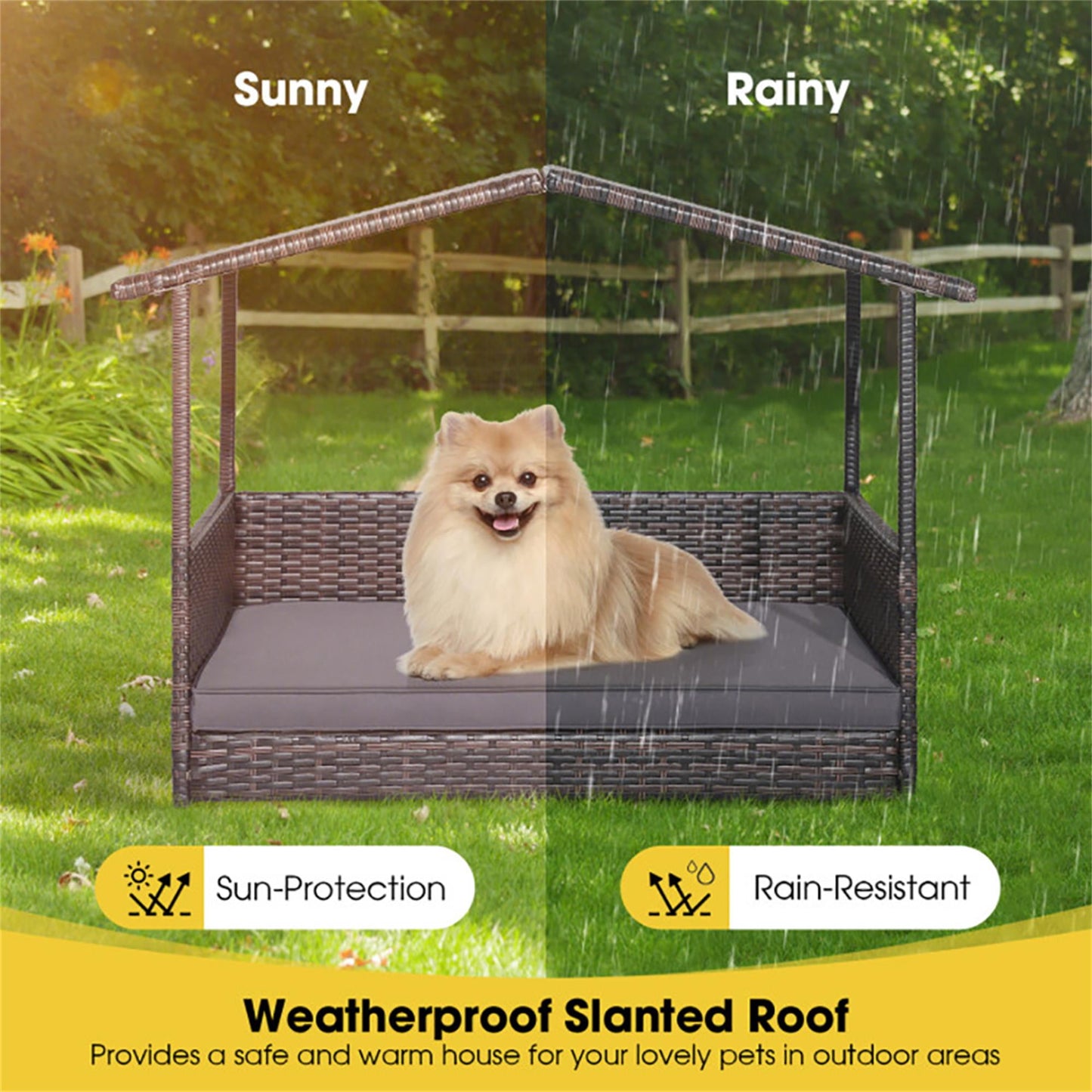 Pefilos 38" Pet Bed for Cat and Dog with Cushion Cover, Outdoor Weatherproof Roof PE Wicker Dog House Furniture, Dog Bed with Canopy, Brown