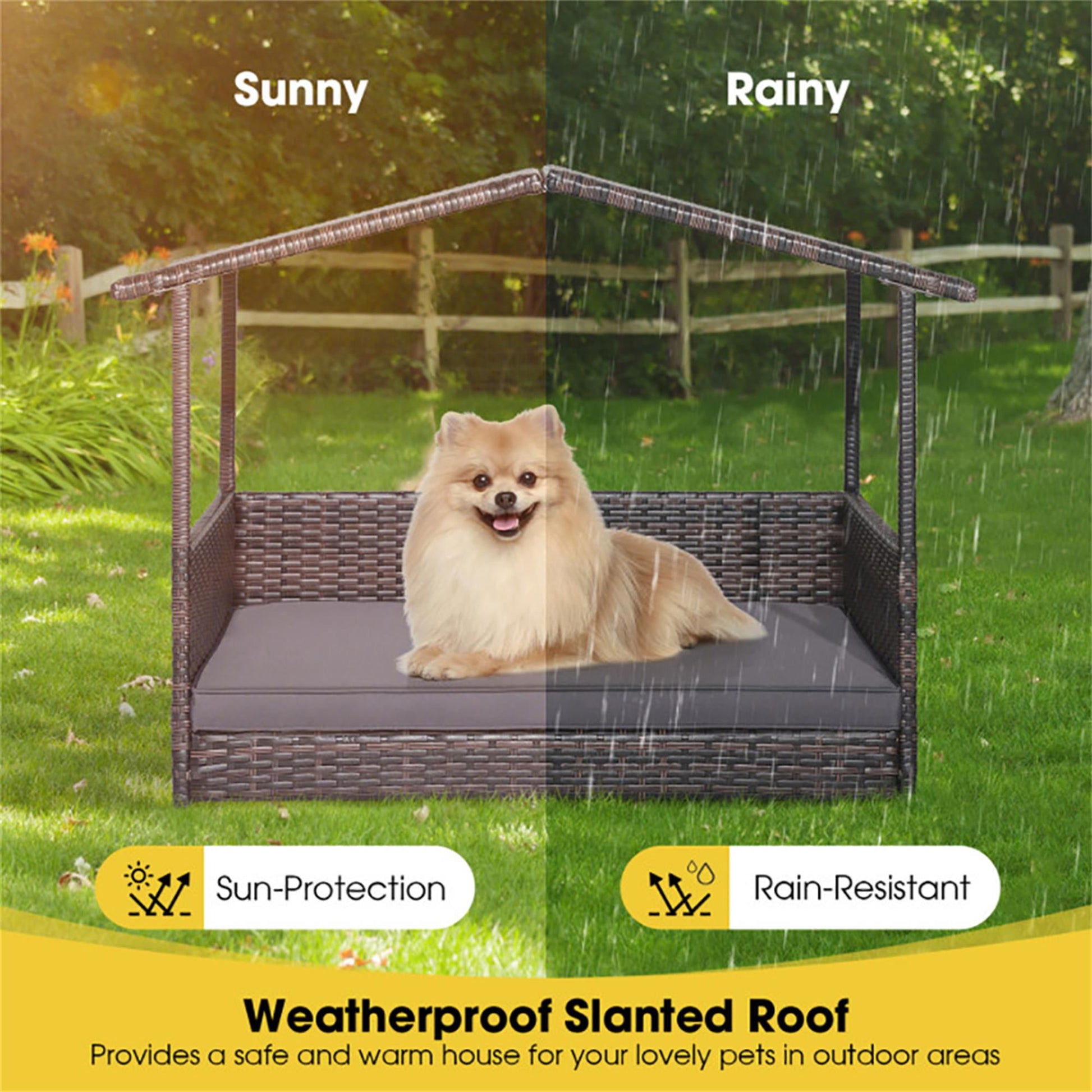 Pefilos 38" Pet Bed for Cat and Dog with Cushion Cover, Outdoor Weatherproof Roof PE Wicker Dog House Furniture, Dog Bed with Canopy, Brown