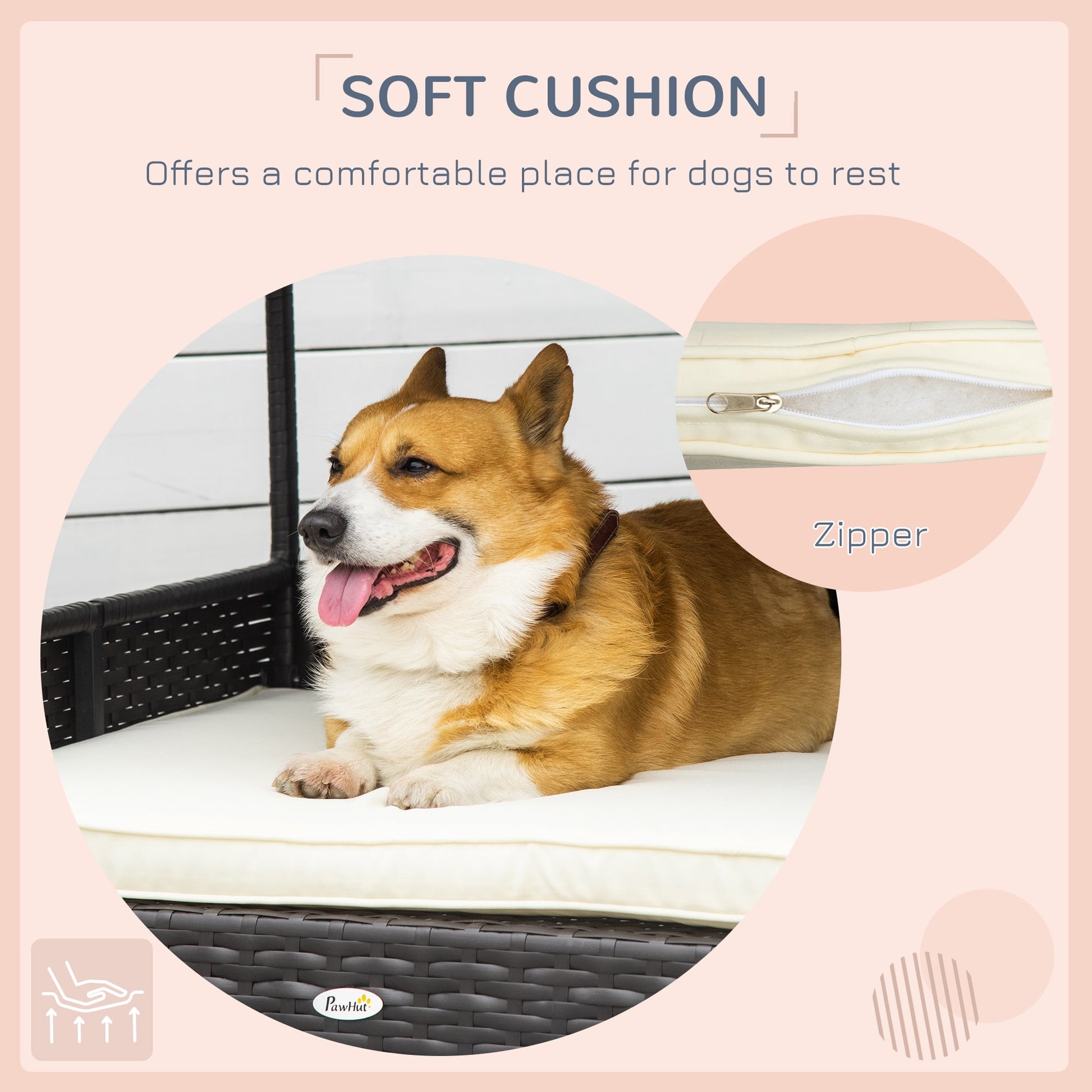 Elevated Wicker Dog House, Raised Rattan Pet Bed Cabana w/ Cushion